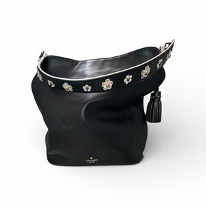 Kate Spade Black Leather Hobo Bag with Floral Embellishments & Tassel